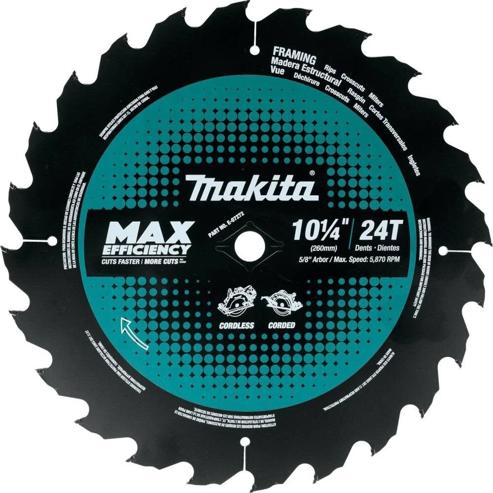 Makita 10-1/4 Inch 24T Carbide-Tipped Max Efficiency Circular Saw Blade, Framing