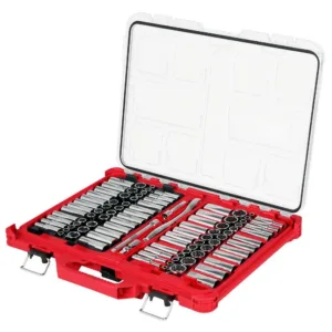 Milwaukee 3/8 Inch 6-Point and 12-Point Metric and SAE Ratchet and Socket Set with PACKOUT Low-Profile Organizer, 98 Pieces